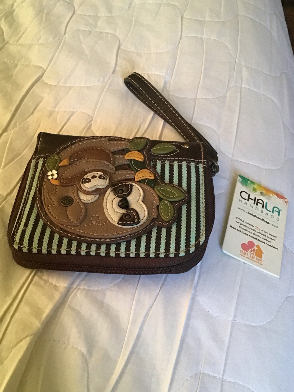 Chala Brown Sloth Wristlet with Mint and Dark Brown Stripes